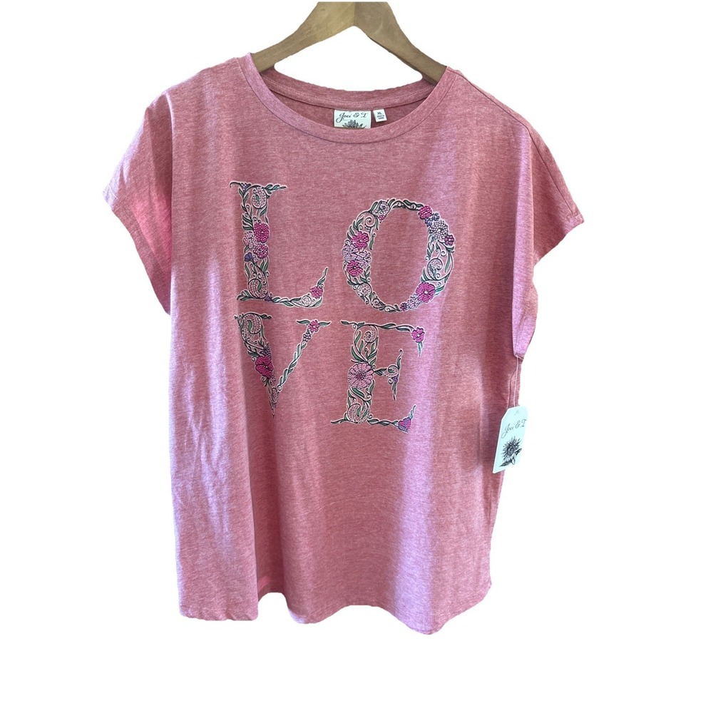 Joei & I Women's Pink Embellished Love Floral T-Shirt Short Sleeve Size XL‎